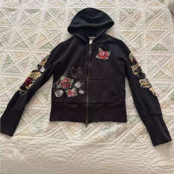 Disney Tops - RARE Disney Parks Mickey Mouse Tattoo Roses Hoodie Zip-Up w/Embellishments Sz.S